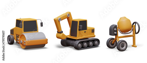 Road roller, excavator, concrete mixer. Heavy machinery and equipment