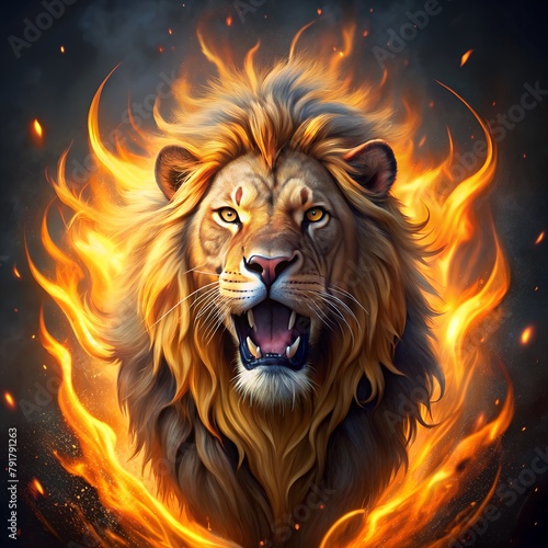Striking Fire Lion digital illustration featuring flame