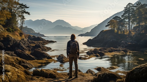 Man standing at the edge of a cliff looking at the sea and mountains photo