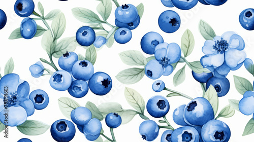 Blueberries and blooms in a watercolor seamless pattern, perfect for culinary themes