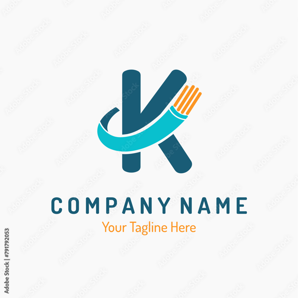 Initial Letter K with Fiber Optic, Electric Wire for Technology Business Logo Idea. Connection, Cabling Provider Repair Logo Vector