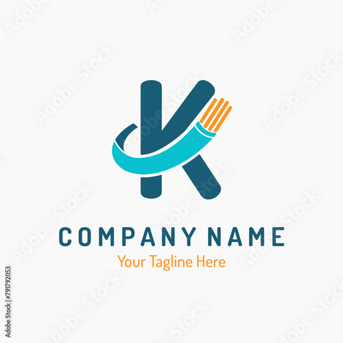 Initial Letter K with Fiber Optic, Electric Wire for Technology Business Logo Idea. Connection, Cabling Provider Repair Logo Vector