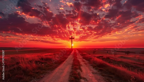 Red sky at sunset. Beautiful landscape with road leads up to cross. Religion concept.Christianity background Concept of hope, faith, christianity, religion, church kingdom of god