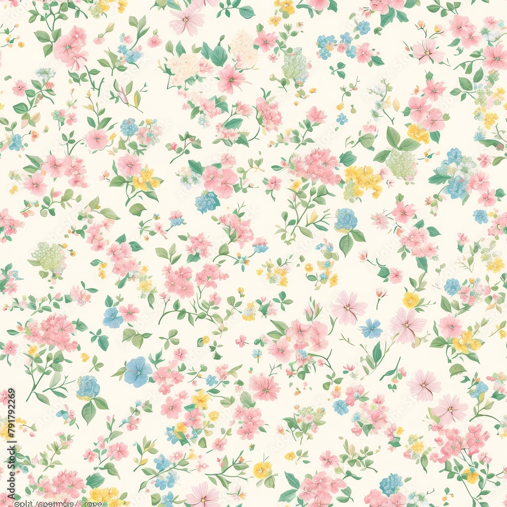 Vintage floral pattern, pastel pink and green tones, small flowers with leaves