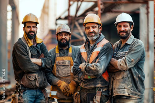 Group of Four Cheerful Construction Workers in Safety Gear Posing at a Worksite © thanakrit