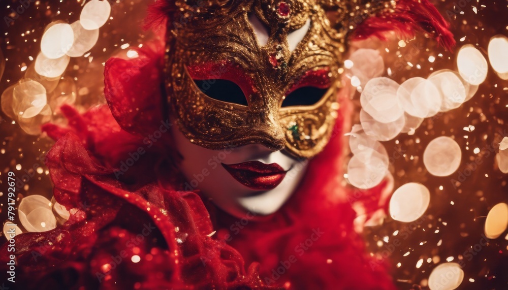 'Effects. Blurred Mardi Gold Gras Luxurious Venetian Show: Light Masquerade Red confetti Carnival Background Be Star Dust mask party passion poster fantasy decor'