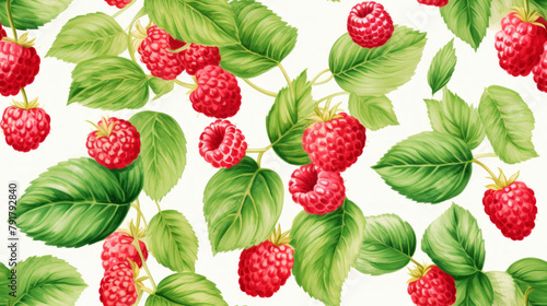 Raspberry watercolor pattern with lush berries and green leaves in a seamless design