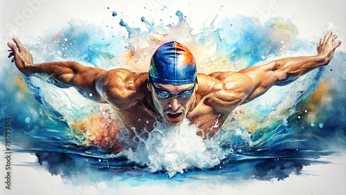 A swimmer wearing goggles and a swim cap powerfully strokes through the water, with dynamic splashes surrounding him. Focused and determined, he exhibits impressive strength and swimming technique.AI  © Czintos Ödön