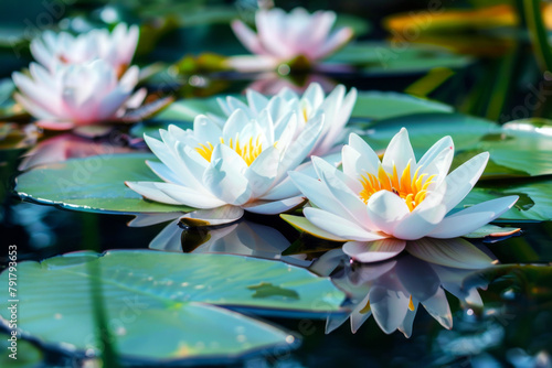 Water lilies blooming serenely on a tranquil pond, reflecting the calm of nature