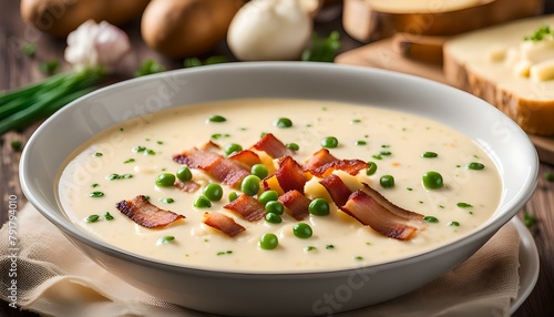 Potato cream soup with bacon, green onion and cheese. 