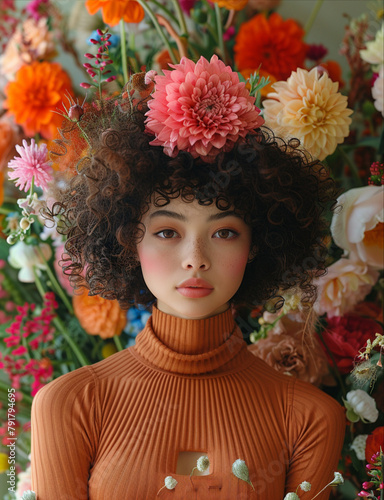 A woman stands in front of flowers, wearing an oversized brown turtleneck dress with long sleeves and one pink flower on her chest