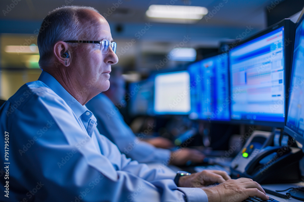 senior supervisor's active engagement in overseeing the operator system monitoring room, set against a blue background symbolizing professionalism and expertise, emphasizing their senior supervisor's active engagement in overseeing the operator system monitoring room, set against a blue background symbolizing professionalism and expertise, emphasizing their