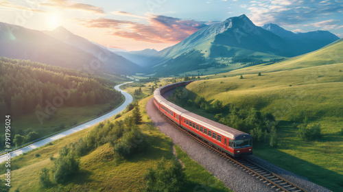 A brightly colored train rides on rails through the picturesque landscapes of mountains and fields