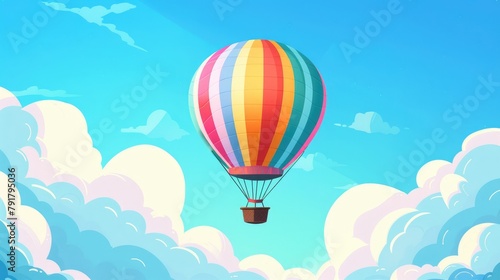 A vibrant cartoon illustration featuring a hot air balloon set against a backdrop of clear blue skies