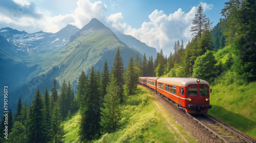 A brightly colored train rides on rails through the picturesque landscapes of mountains and fields