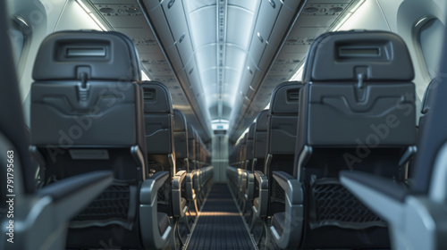 Close-up of the plane's passage towards the front. Modern airplane seats. Transport concept. photo