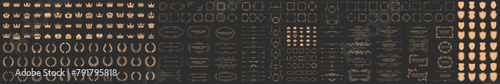 Set of gold vintage frame and corners icon. Vector illustration.