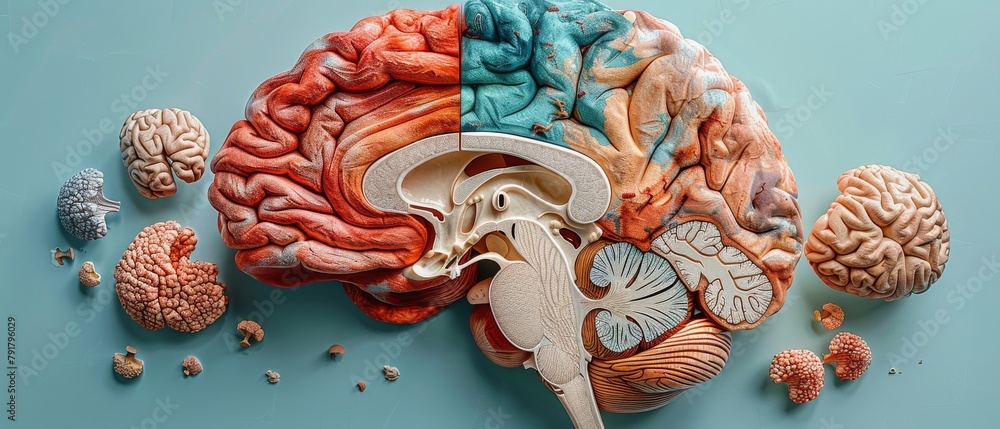 Detailed 3D rendering of human brain sagittal section labelled by ...