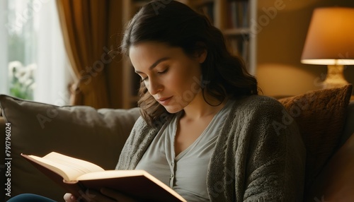 Person reading a book in a cozy living room