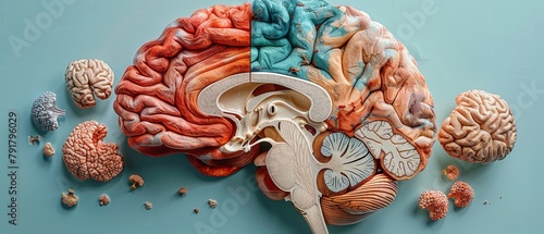 Detailed 3D rendering of human brain sagittal section labelled by regions photo