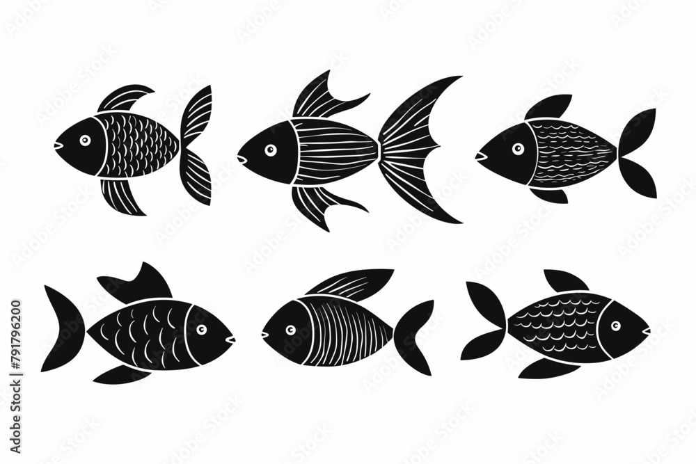 Fototapeta premium Set of fun and cute black and white fish. Vector illustration