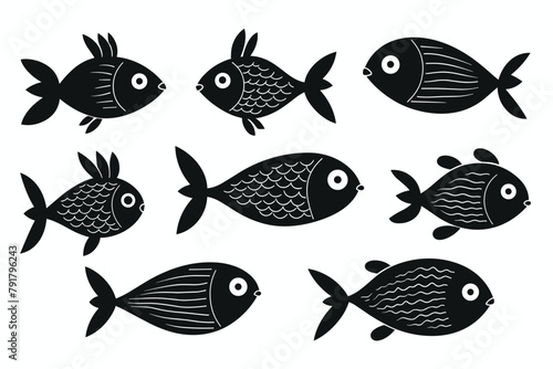 Set of fun and cute black and white fish. Vector illustration photo