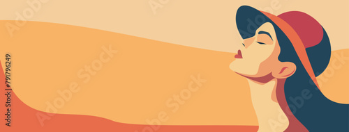 Vector design place for text, graphic abstract woman portrait, modern vector illustration in flat style, woman portrait, sideways pose, wearing hat. Feminism, gender equality, empowerment concept