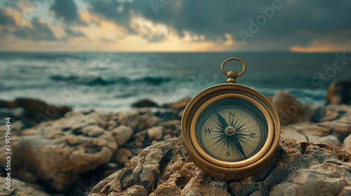 A navigation compass lies on the rocks on the seashore, dark sky, a storm is approaching