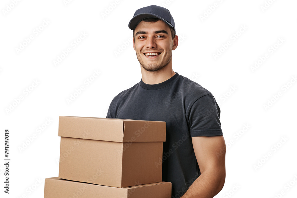 A happy, smiling young delivery man with boxes or packages on a transparent or white background. PNG. Mover, removalist, house moving service, courier service, shipping, online shopping concept. A happy, smiling young delivery man with boxes or packages on a transparent or white background. PNG. Mover, removalist, house moving service, courier service, shipping, online shopping concept.