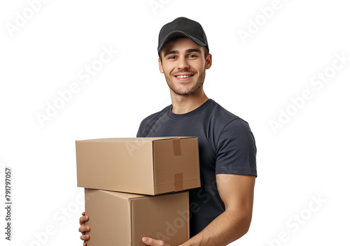 A happy, smiling young delivery man with boxes or packages on a transparent or white background. PNG. Mover, removalist, house moving service, courier service, shipping, online shopping concept.   © Lahiru