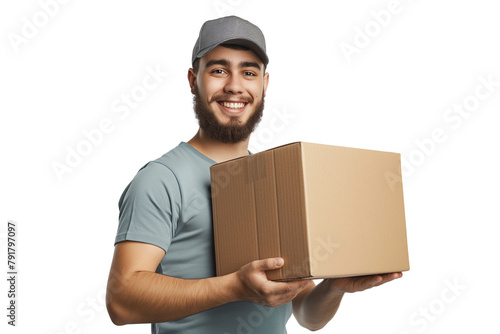 A happy, smiling young delivery man with a box or package on a transparent or white background. PNG. Mover, removalist, house moving service, courier service, shipping, online shopping concept.   photo