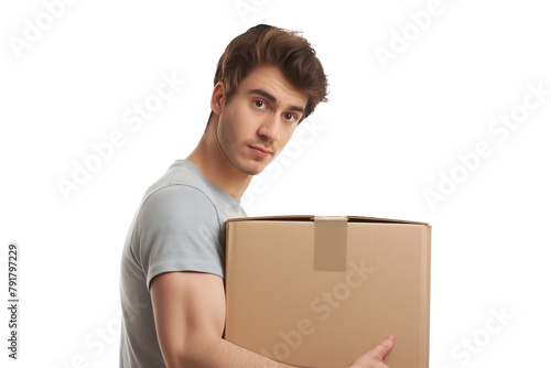 A happy, smiling young delivery man with a box or package on a transparent or white background. PNG. Mover, removalist, house moving service, courier service, shipping, online shopping concept.   photo