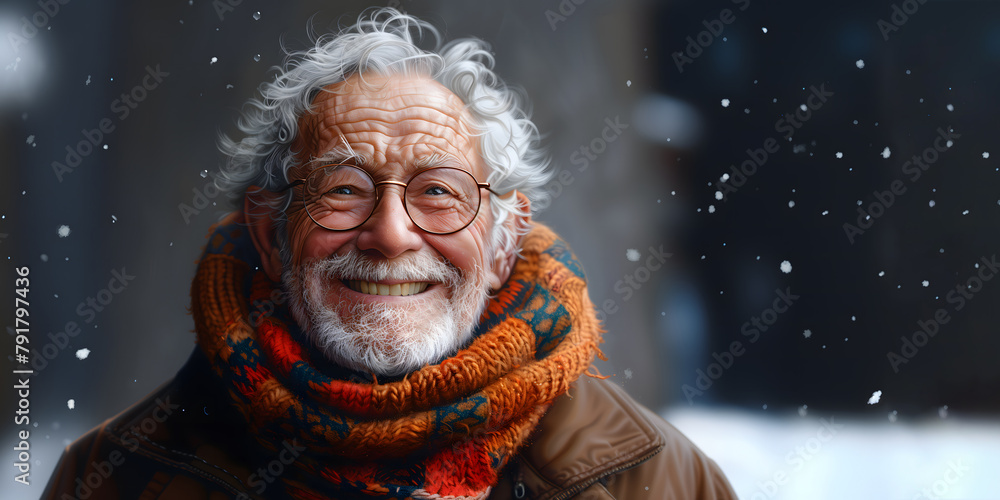 Elderly man with a cheerful smile in winter snow Elderly man with a cheerful smile in winter snow