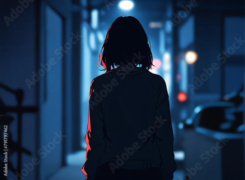 Back view Silhouette of a young woman walking home alone at night , scared of stalker and being assaulted , insecurity concept, modern