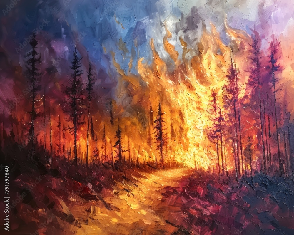 Acrylic painting of a forest fire.