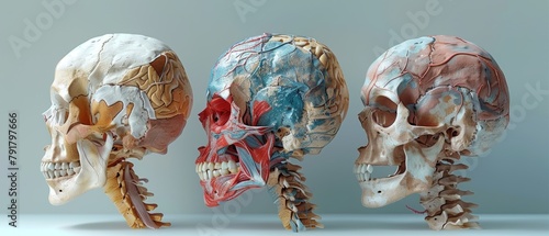 A lateral view of the cranium, the head, and the skull. Individual bones and their salient features are colored. The names of the cranial bones are shown. photo