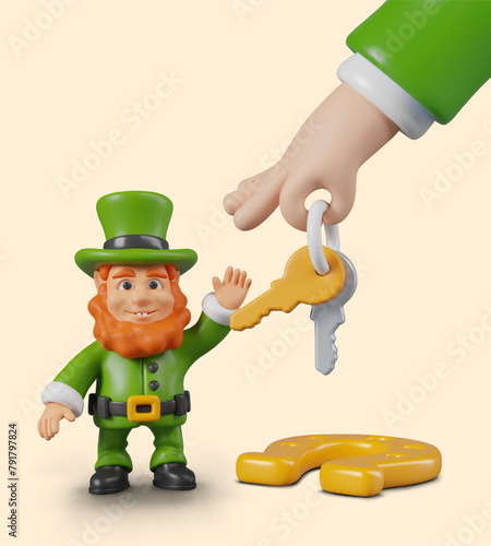 Giant hand holds out keys to small leprechaun. Golden horseshoe lies nearby