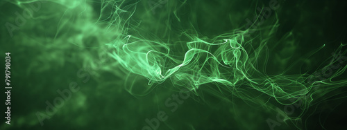  Green glowing wavy smoke, abstract background banner
