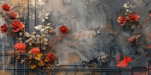 The image is modern, abstract, with metal elements, a texture background and flowers and plants in the foreground