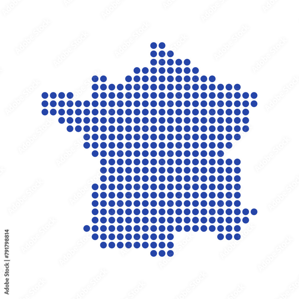 Fototapeta premium シンプルでおしゃれなフランスの形の地図 - 青い丸のデフォルメしたシルエットのマップ