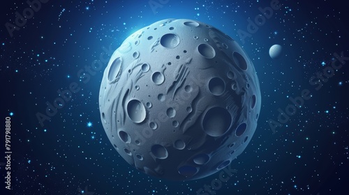 Spherical planet Pluto with gray illuminated surface, craters, and relief isolated on dark blue cosmic background.