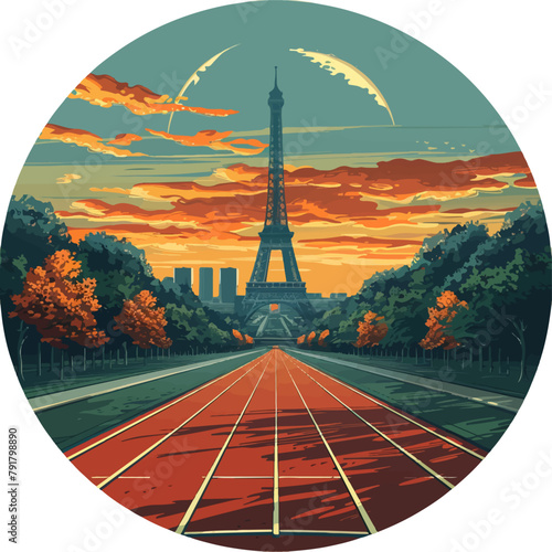 Athletics track with eiffel tower in the back flat design logo version with white background