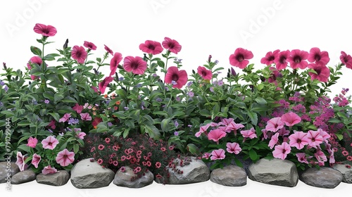 Lush Garden Flowerbed with River Stones on White Backdrop