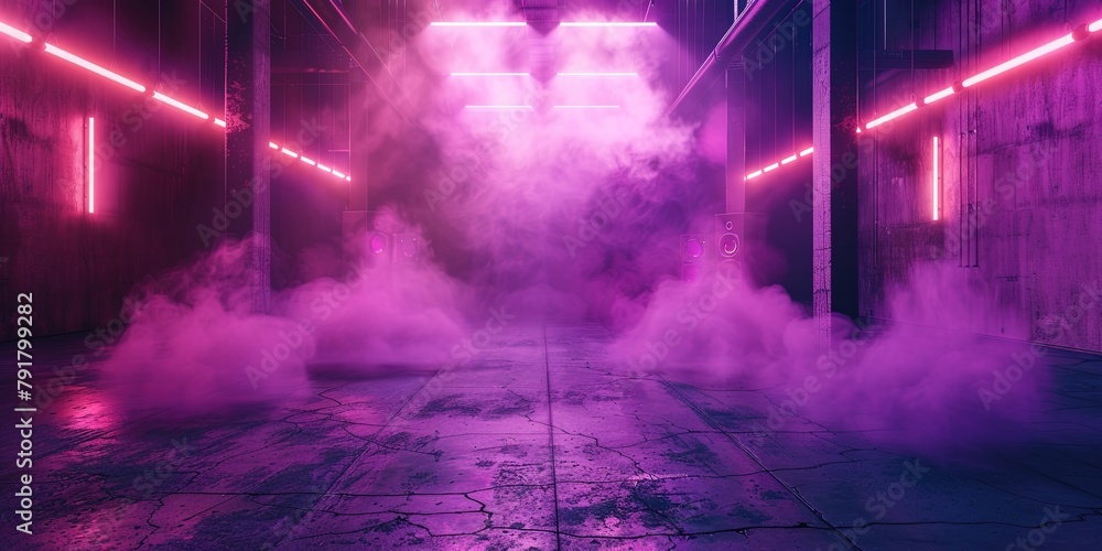an empty dark stage with neon spotlights, a studio room with smoke