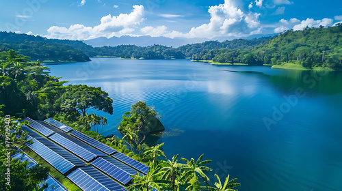 solar panel on topical lake renewable green energy concept photo