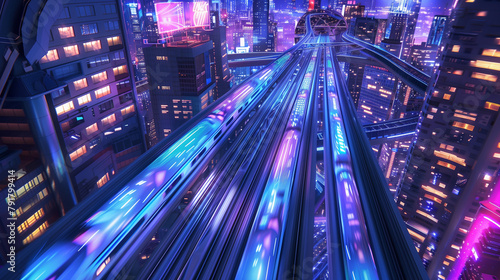 Top view of sky train track at night. Railway with city building, bright road lights at night. Generative AI.