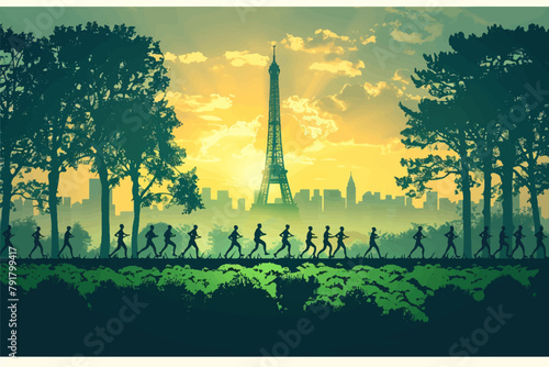 Illustration of runners in paris with eiffel tower in the background, vectorial design