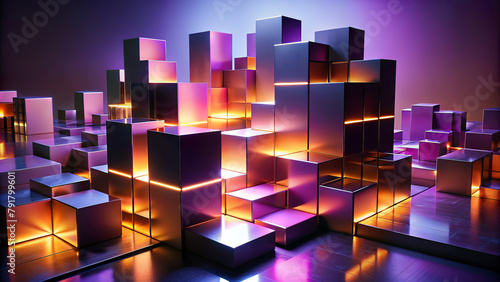 Numerous metallic cubes are arranged in a seemingly haphazard fashion, with internal lighting casting a warm glow between the gaps.The lighting alternates between shades of yellow, orange, and pink.AI photo