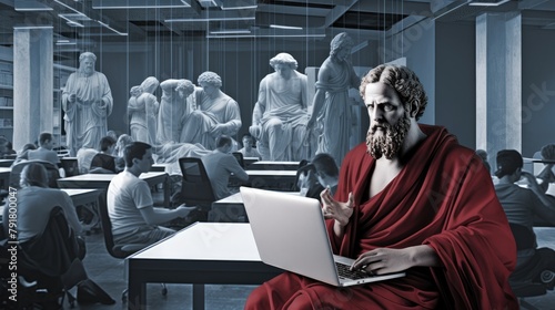 Traditional philosopher holding a modern laptop.