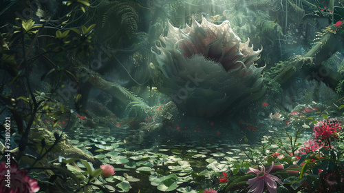  a monstrous man-eating flower lurks amidst a bed of unsuspecting blooms, waiting to ensnare any who dare draw near.  photo